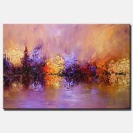 canvas print of large modern textured landscape painting lavender blooming trees