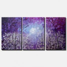 canvas print of modern palette knife blooming trees purple silver landscape painting