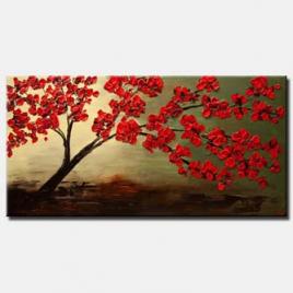 canvas print of modern palette knife red blossom tree painting