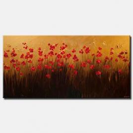 red blooming flowers gold textured painting