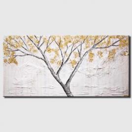 abstract textured painting gold blooming trees white painting