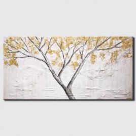 canvas print of abstract textured painting gold blooming trees white painting