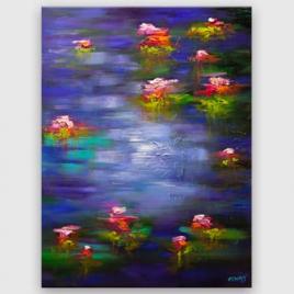 blue purple lily pads in a pond painting