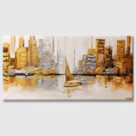 gold silver sailboat city abstract painting