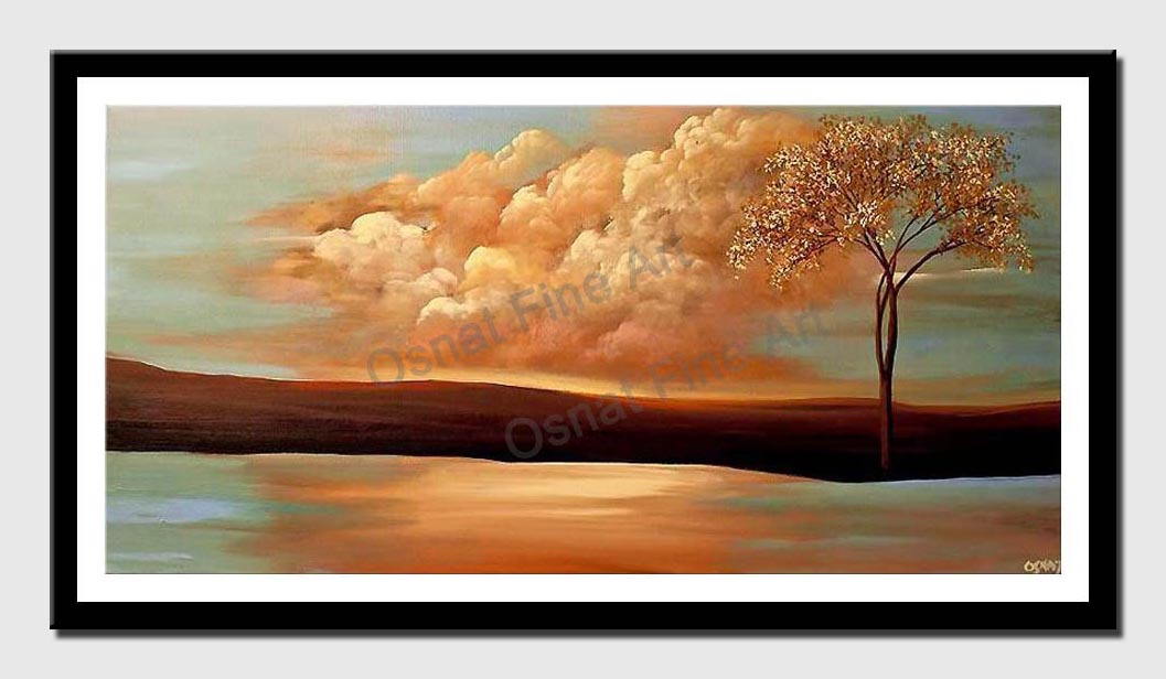 canvas print of single tree on river bank with background of clouds