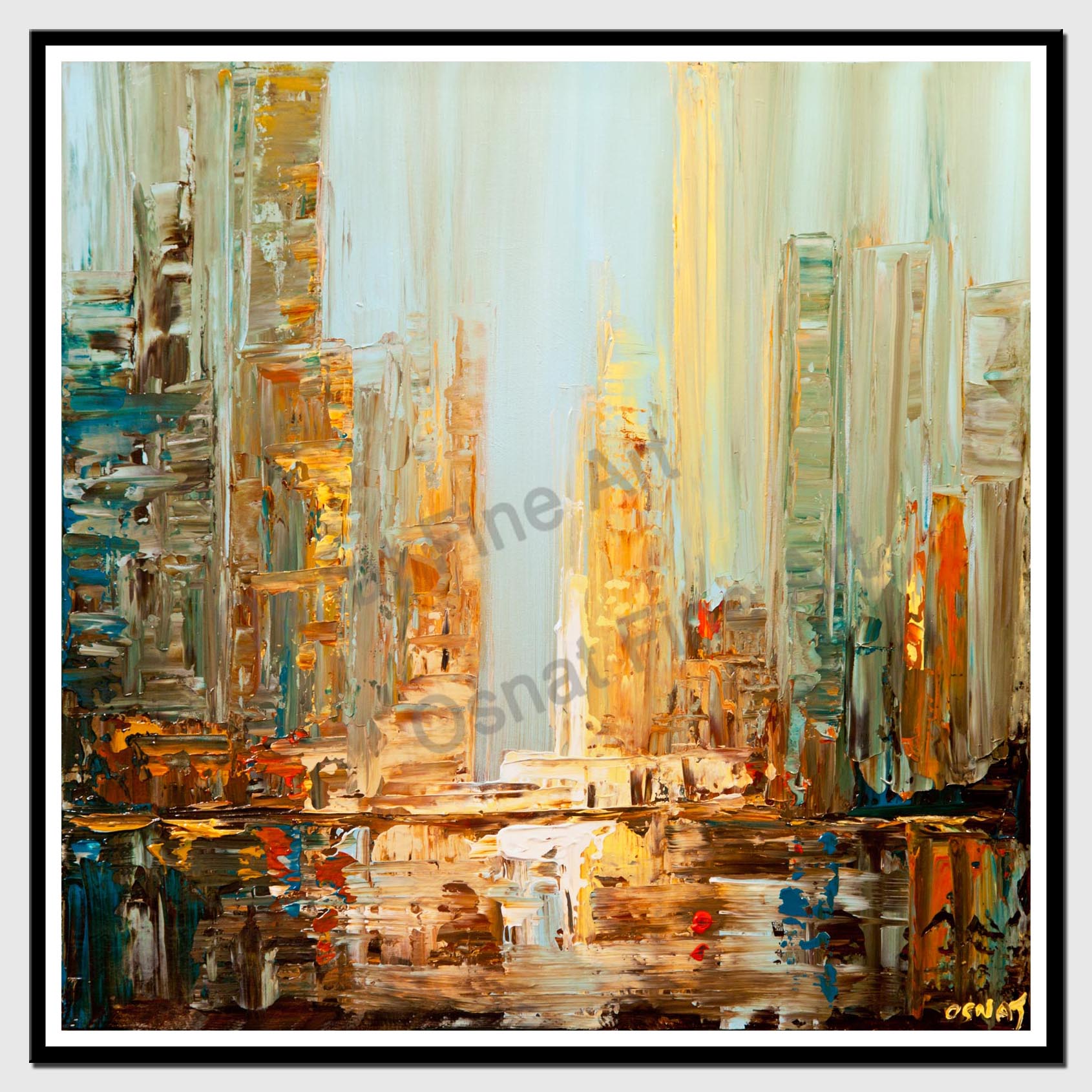 canvas print of city abstract painting blue brown textured skyscrapers abstract painting