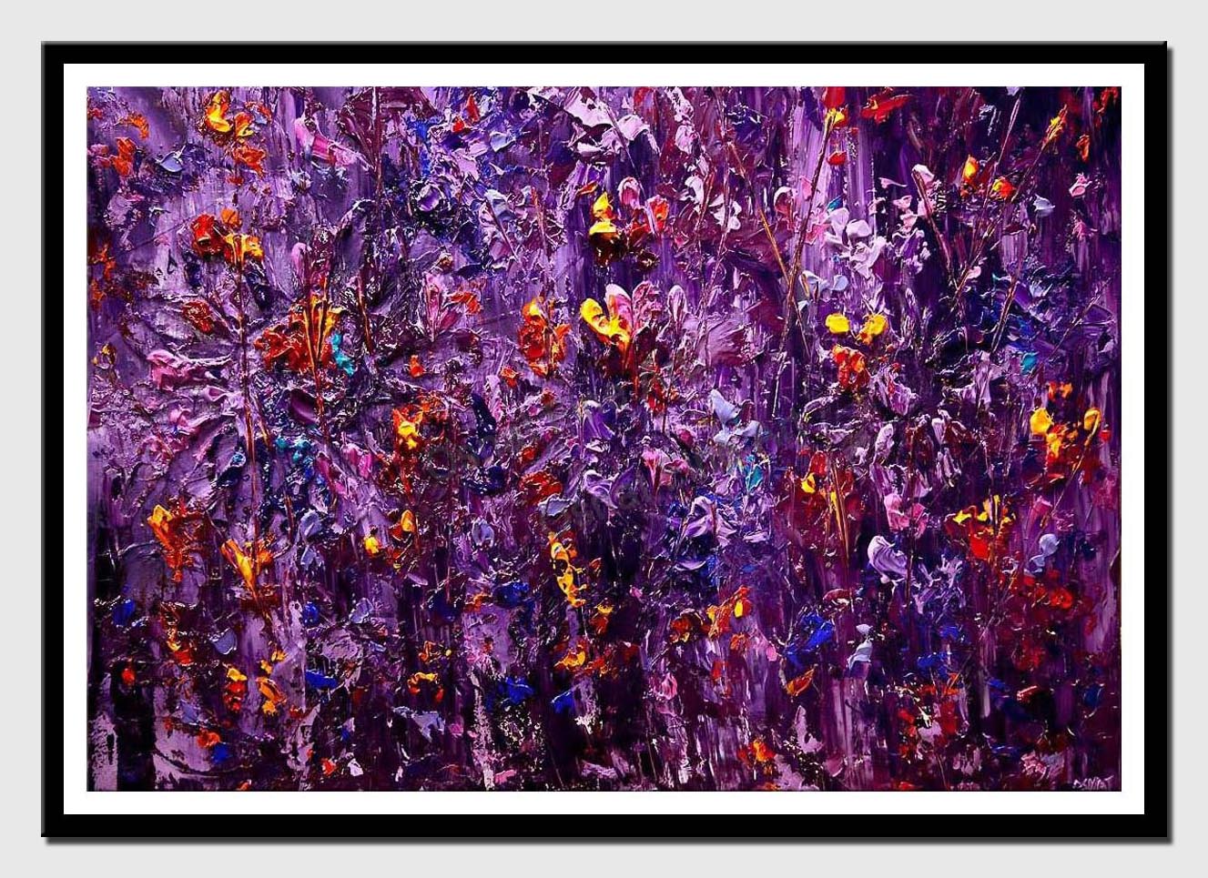 canvas print of purple blooming flowers heavy textured abstract painting