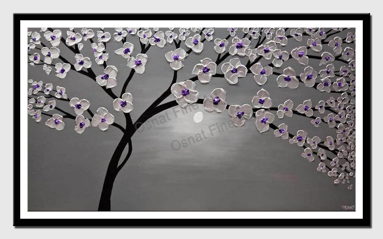 canvas print of purple silver gray blooming tree painting heavy textured