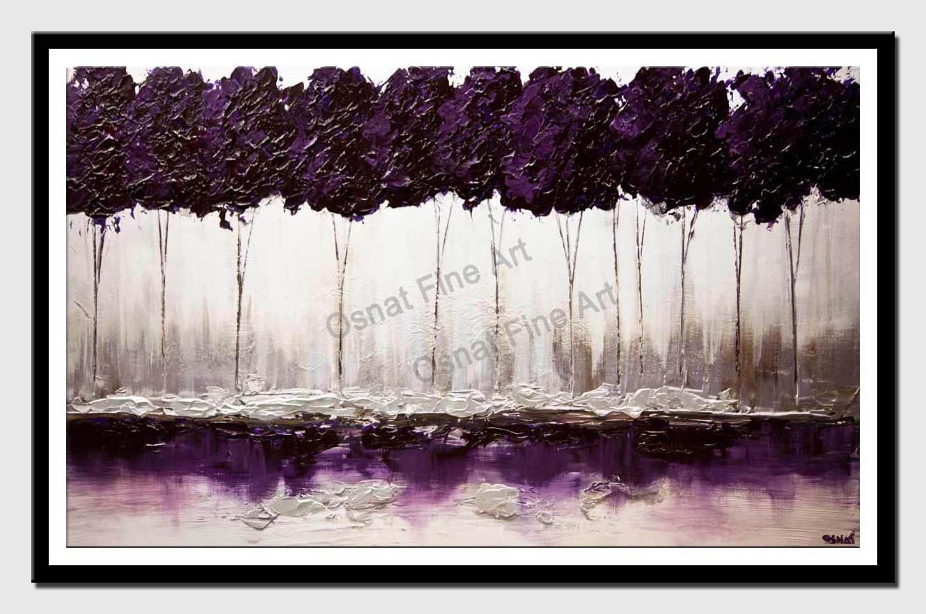 canvas print of modern purple blooming trees textured landscape painting