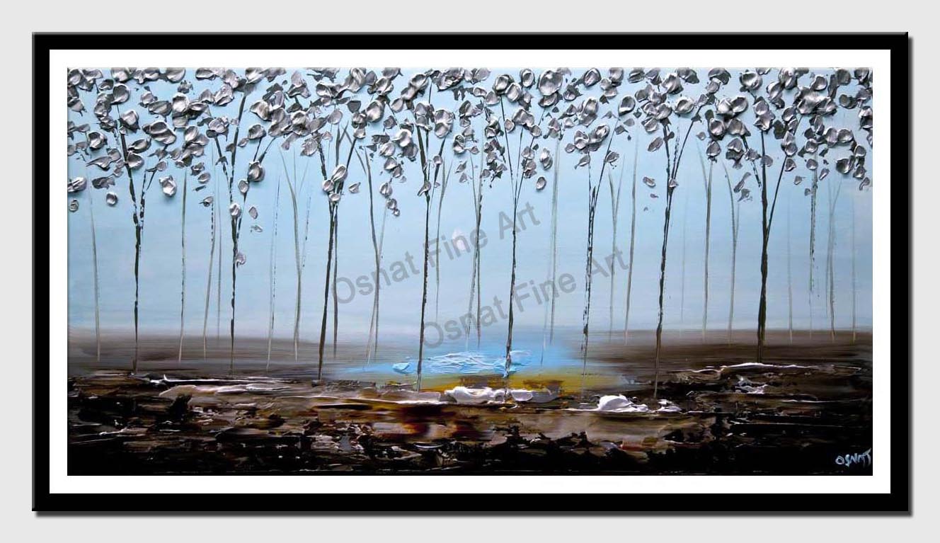canvas print of modern textured silver blooming trees abstract painting
