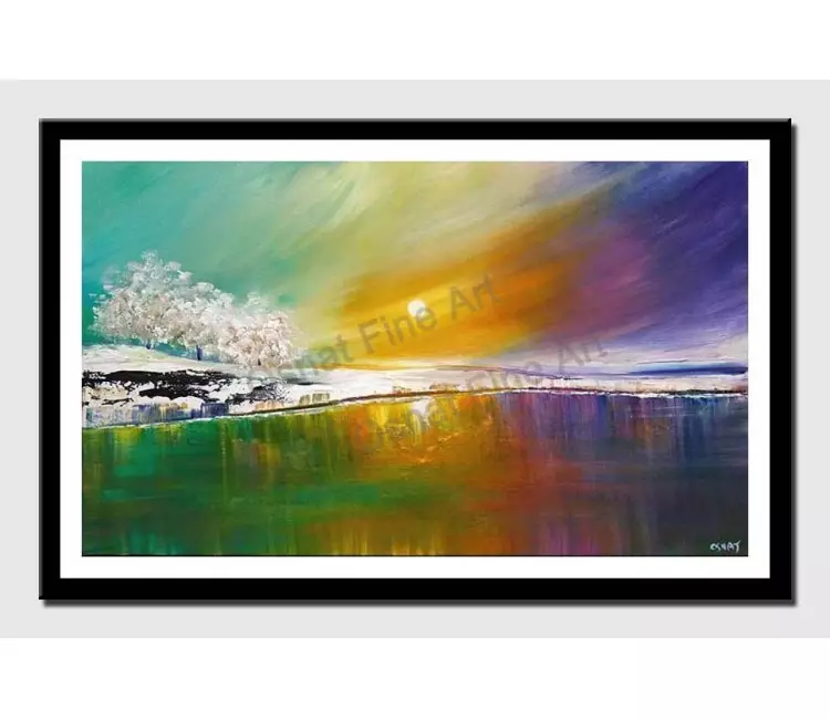 print on paper - canvas print of modern landscape art lake trees and colorful sky