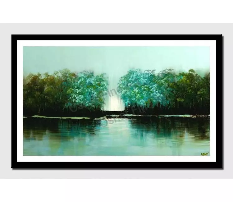 print on paper - canvas print of green forest reflection water bank