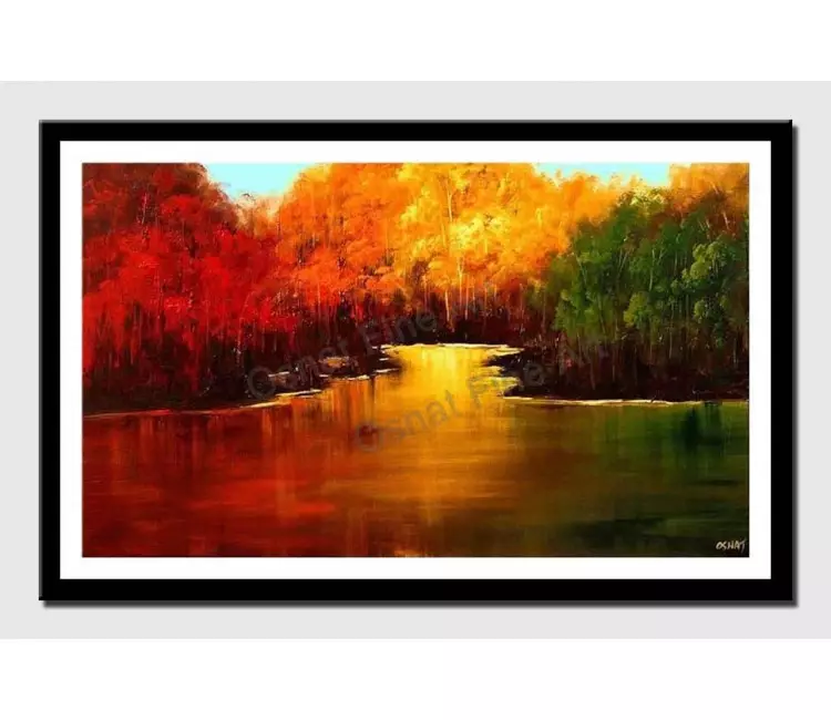 posters on paper - canvas print of red yellow and green forests near a lake