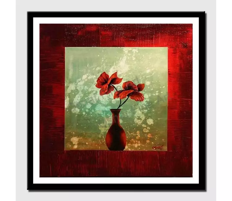 print on paper - canvas print of red vase and flowers in red frame