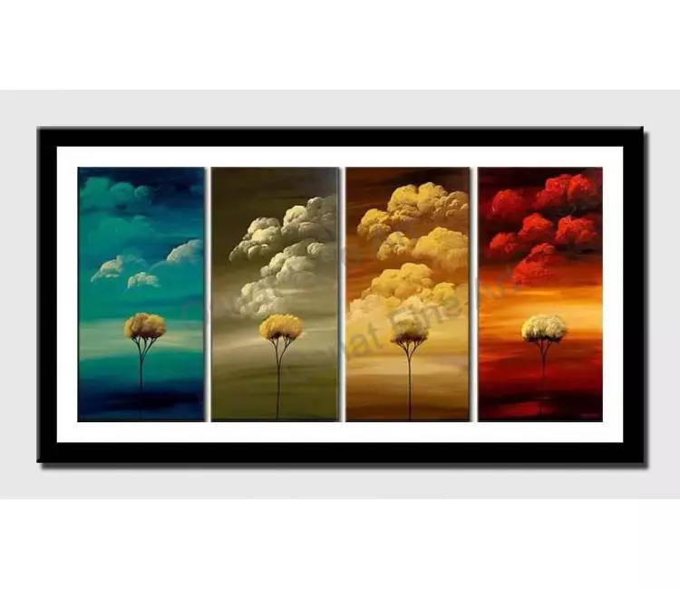 print on paper - canvas print of multi panel painting of trees and colorful clouds