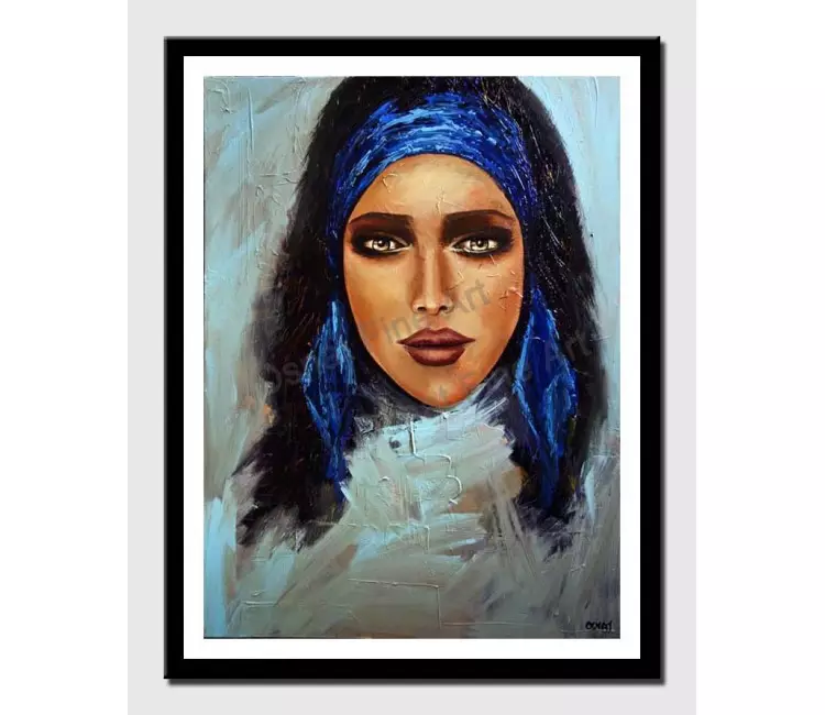 print on paper - canvas print of painting of amazingly beautiful woman face with blue ribbon