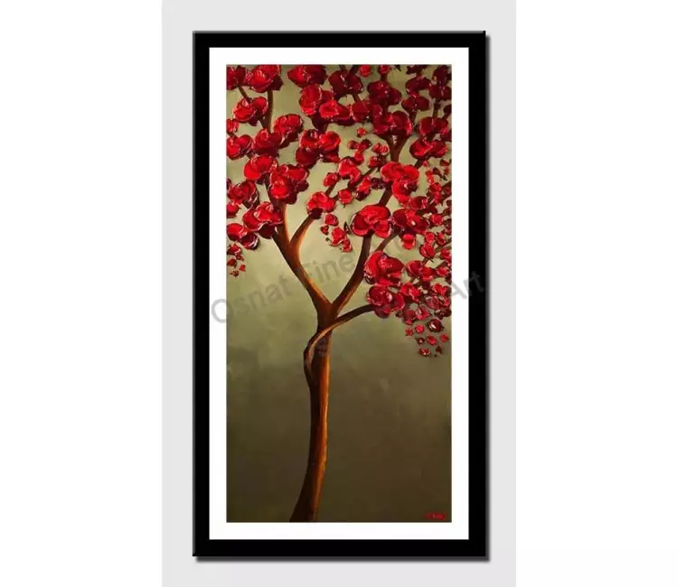 print on paper - canvas print of red blooming tree painting on olive background