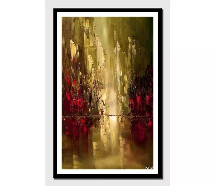print on paper - canvas print of  abstract city painting in olive and red