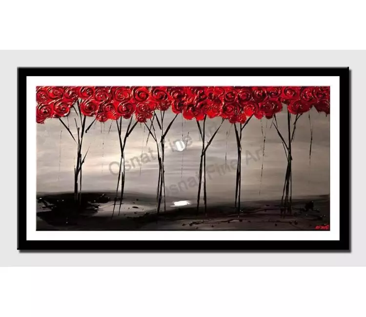 print on paper - canvas print of  abstract red blooming trees on gray landscape