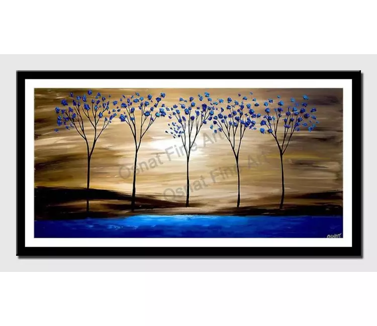 print on paper - canvas print of  blue blooming trees on blue lake