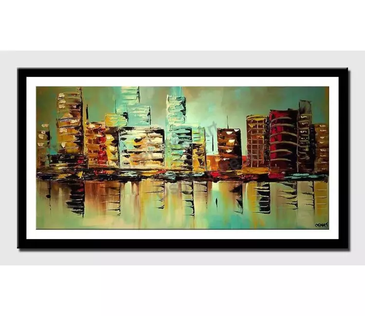 print on paper - canvas print of  modern palette knife turquoise city painting