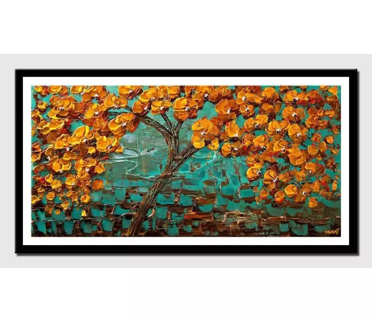 print on paper - canvas print of orange blooming tree on turquoise background