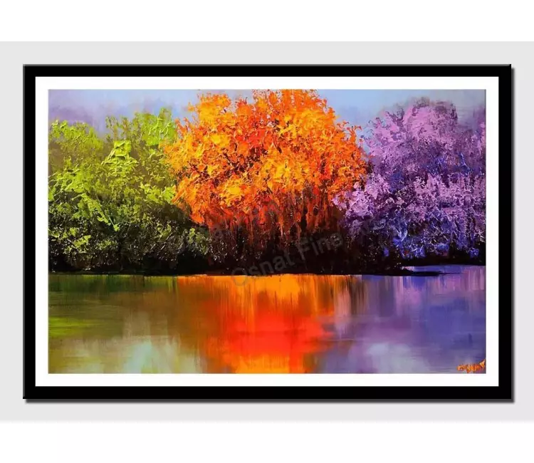 print on paper - canvas print of colorful wall art by osnat tzadok blooming trees on a lake