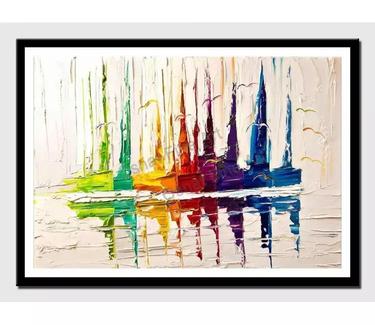 print on paper - canvas print of colorful boats on white palette knife