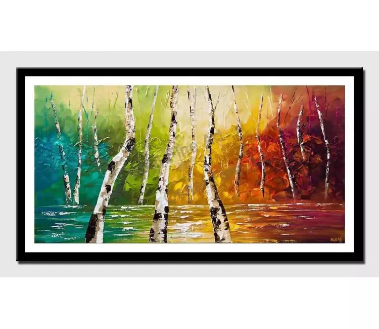 print on paper - canvas print of colorful landscape birch trees palette knife