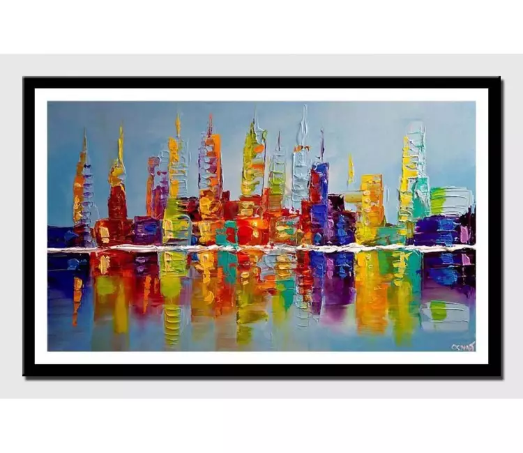 print on paper - canvas print of modern city skyline colorful modern wall art by osnat tzadok texture palette knife