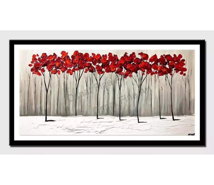 print on paper - canvas print of red blooming trees winter painting palette knife