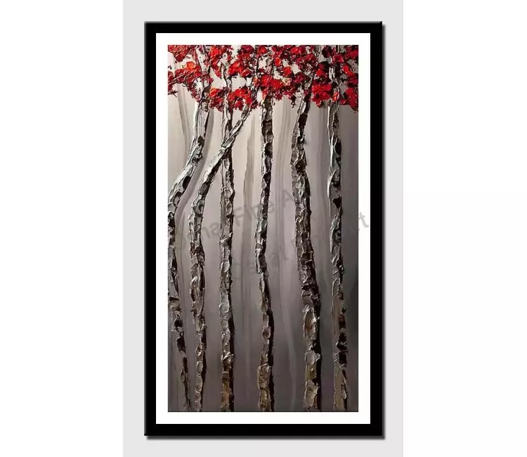 print on paper - canvas print of silver birch tree abstract  painting red tree tops palette knife