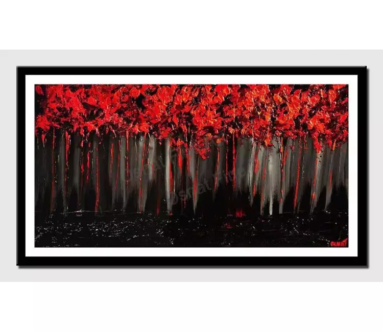 print on paper - canvas print of red forest on black background blooming trees painting heavy impasto