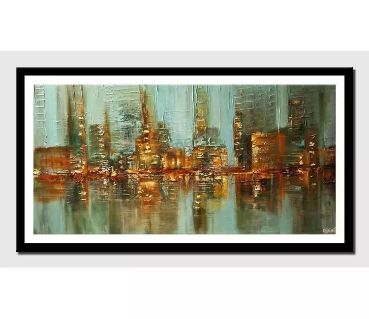 print on paper - canvas print of abstract city lights painting water reflection skyscrapers heavy texture
