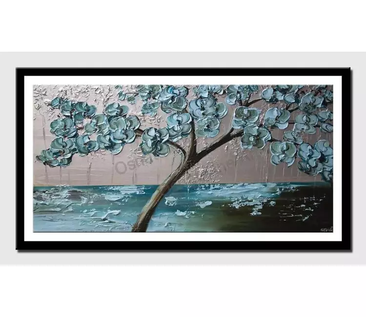 print on paper - canvas print of flowering tree painting light blue silver palette knife