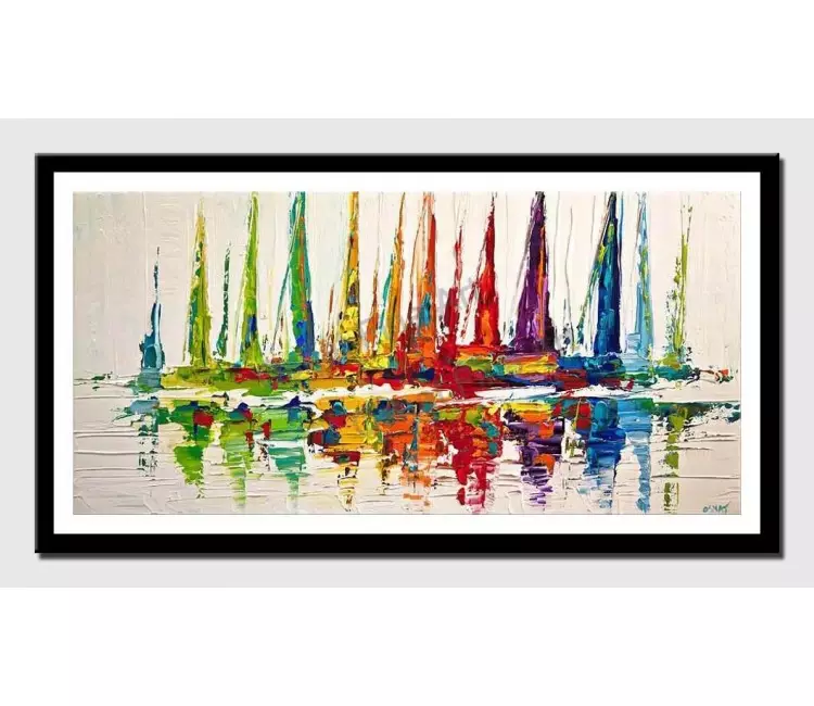 print on paper - canvas print of colorful sailboats painting on white background modern palette knife
