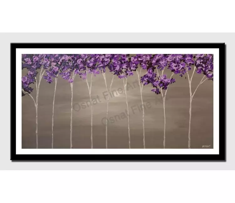 print on paper - canvas print of purple blooming trees on silver background modern palette knife wall art by osnat tz