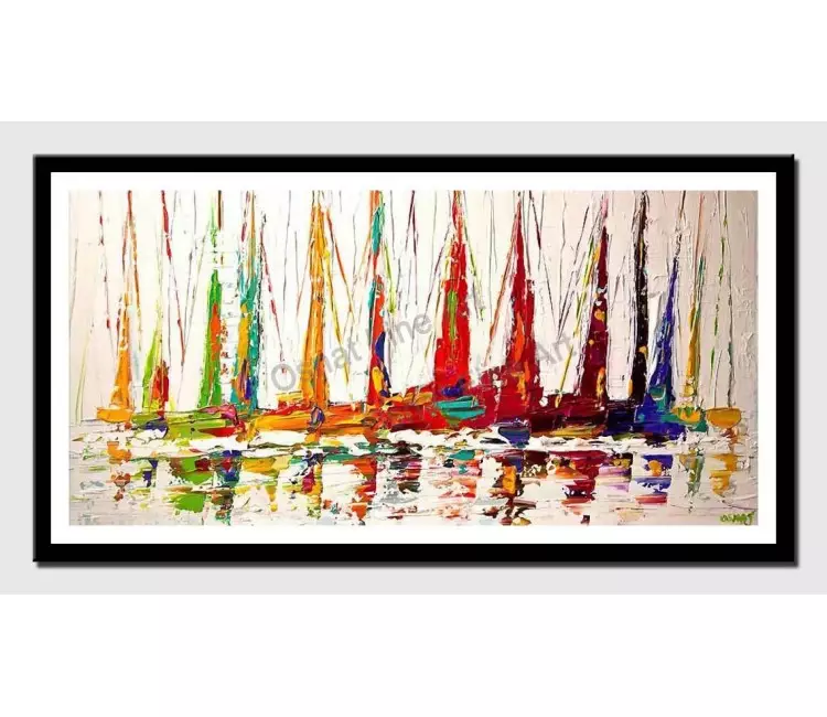 print on paper - canvas print of colorful sailboats textured contemporary white abstract seascape painting