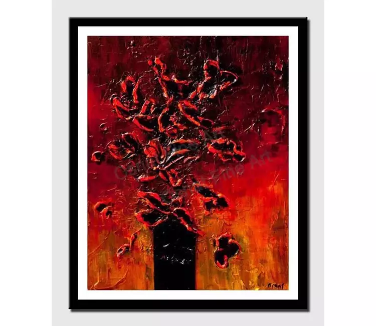 print on paper - canvas print of red black flowers in vase heavy texture painting