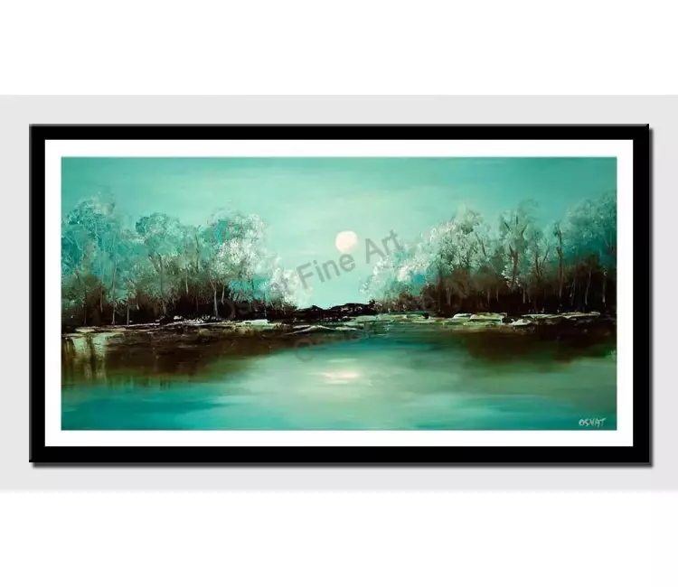 print on paper - canvas print of turquoise landscape abstract paiting blooming trees
