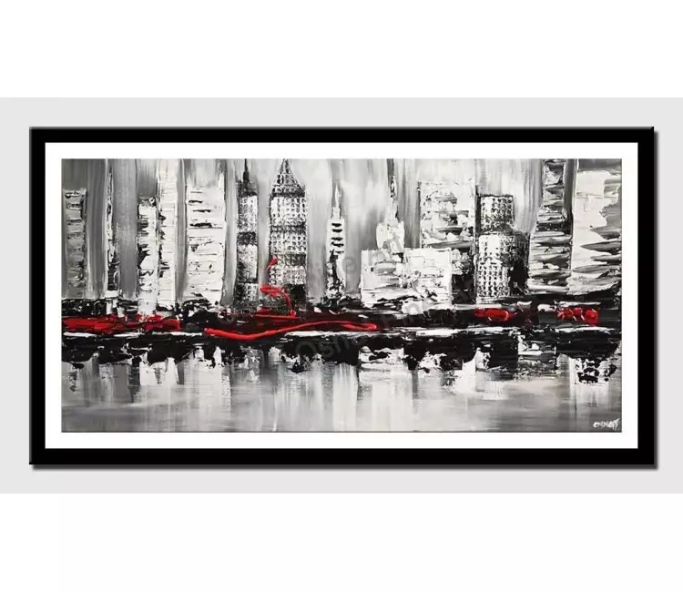 print on paper - canvas print of abstract city painting textured white black red modern wall art by osnat tzadok