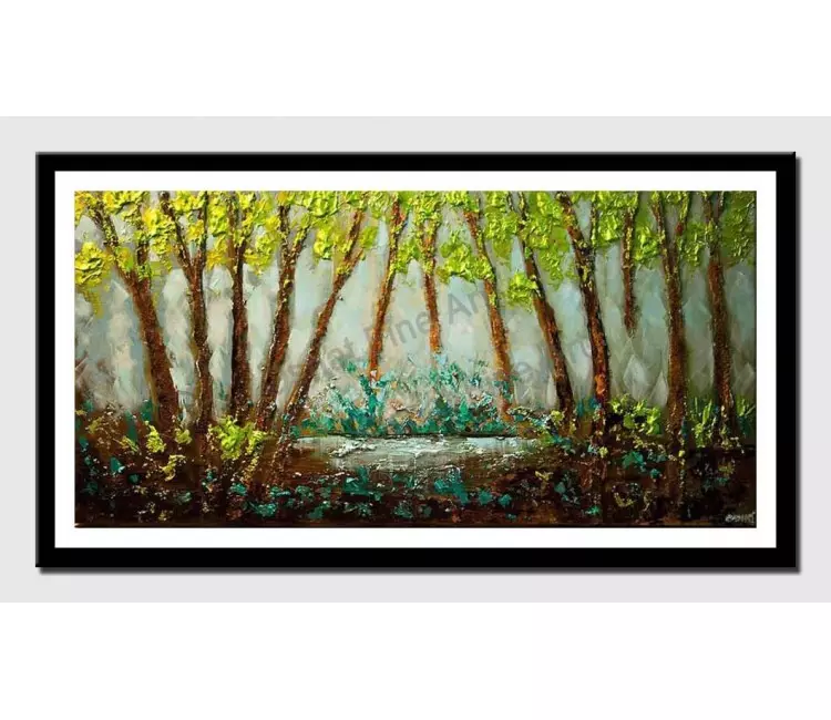 print on paper - canvas print of textured landscape abstract blooming trees green blue painting