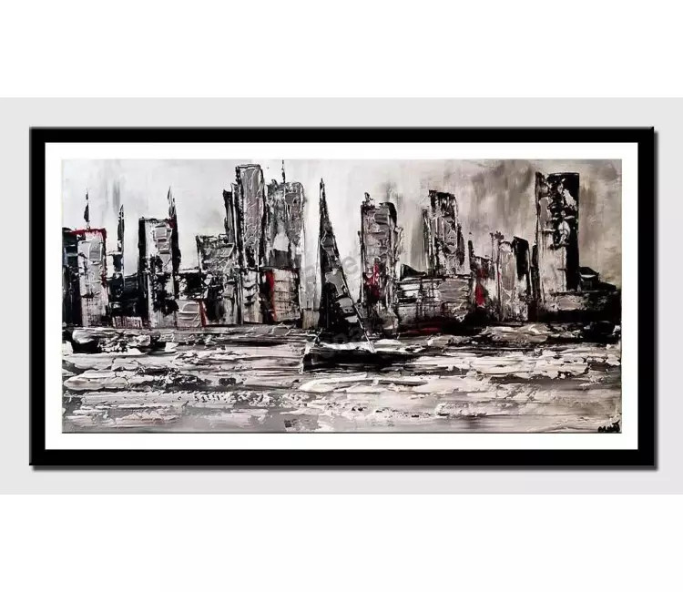 posters on paper - canvas print of city skyline boat modern wall art by osnat tzadok white black
