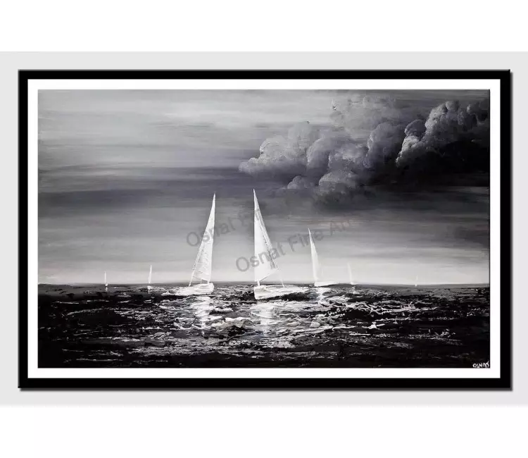 posters on paper - canvas print of sailboats sea textured painting black gray white home decor