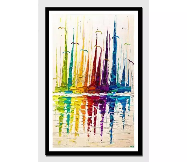 print on paper - canvas print of abstract sailboats colorful modern palette knife textured painting