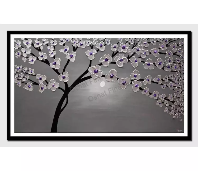 print on paper - canvas print of purple silver gray blooming tree painting heavy textured