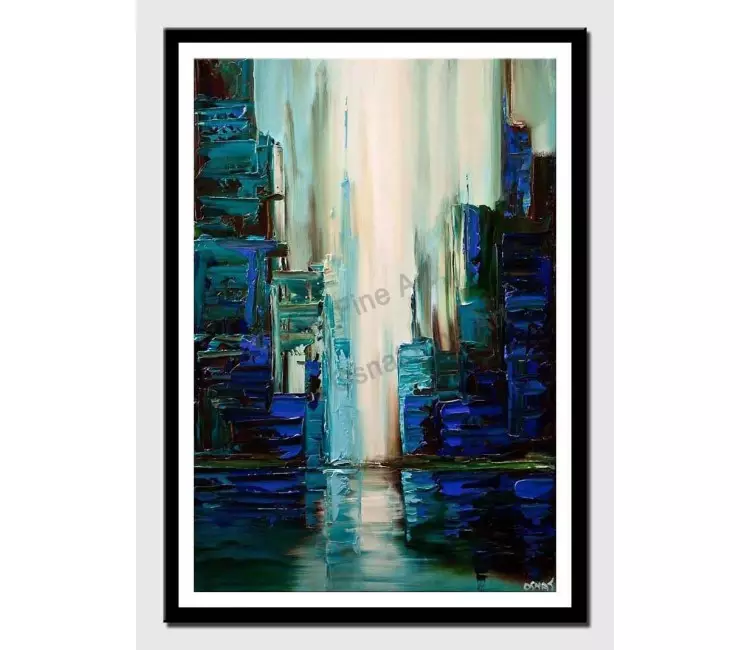 posters on paper - canvas print of blue green city modern wall art by osnat tzadok textured cityscape painting