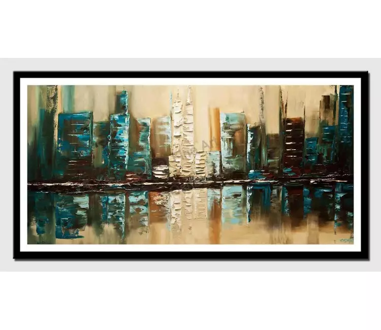 print on paper - canvas print of modern textured teal abstract city painting