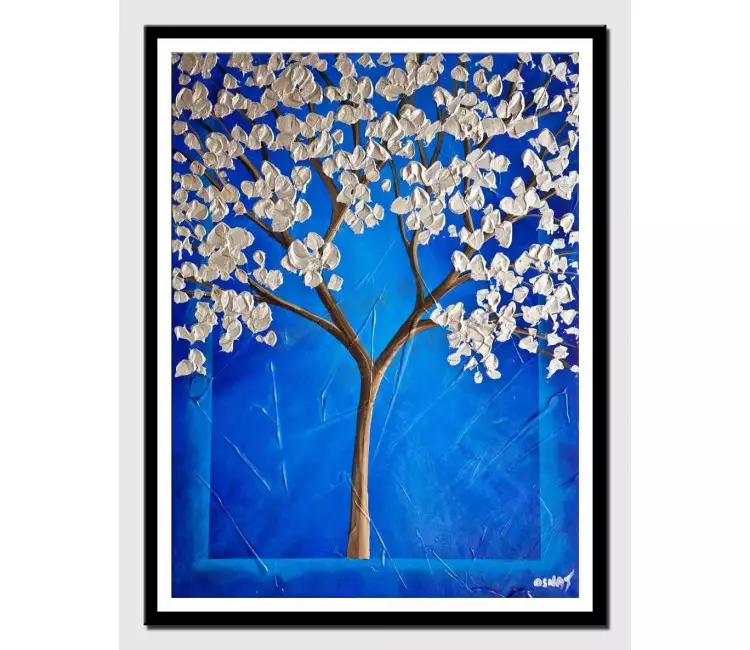 posters on paper - canvas print of cherry blossom blue silver blooming tree painting