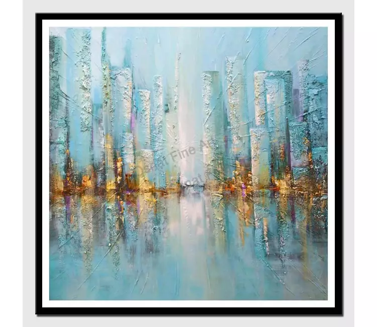 print on paper - canvas print of modern blue city painting palette knife painting